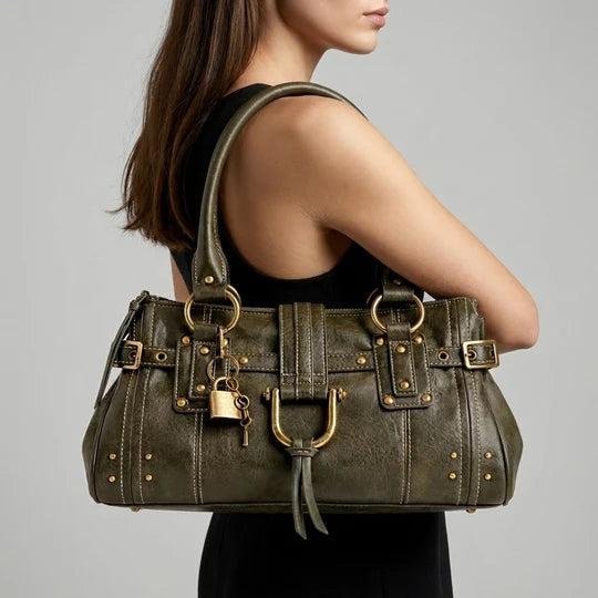 Vintage Lock Detail Shoulder Tote Bag