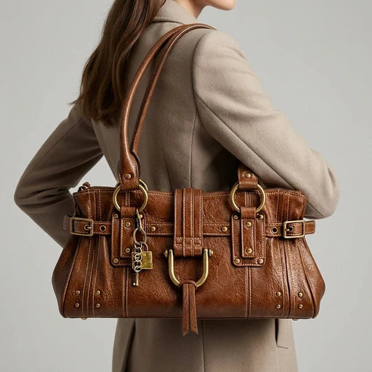 Vintage Lock Detail Shoulder Tote Bag